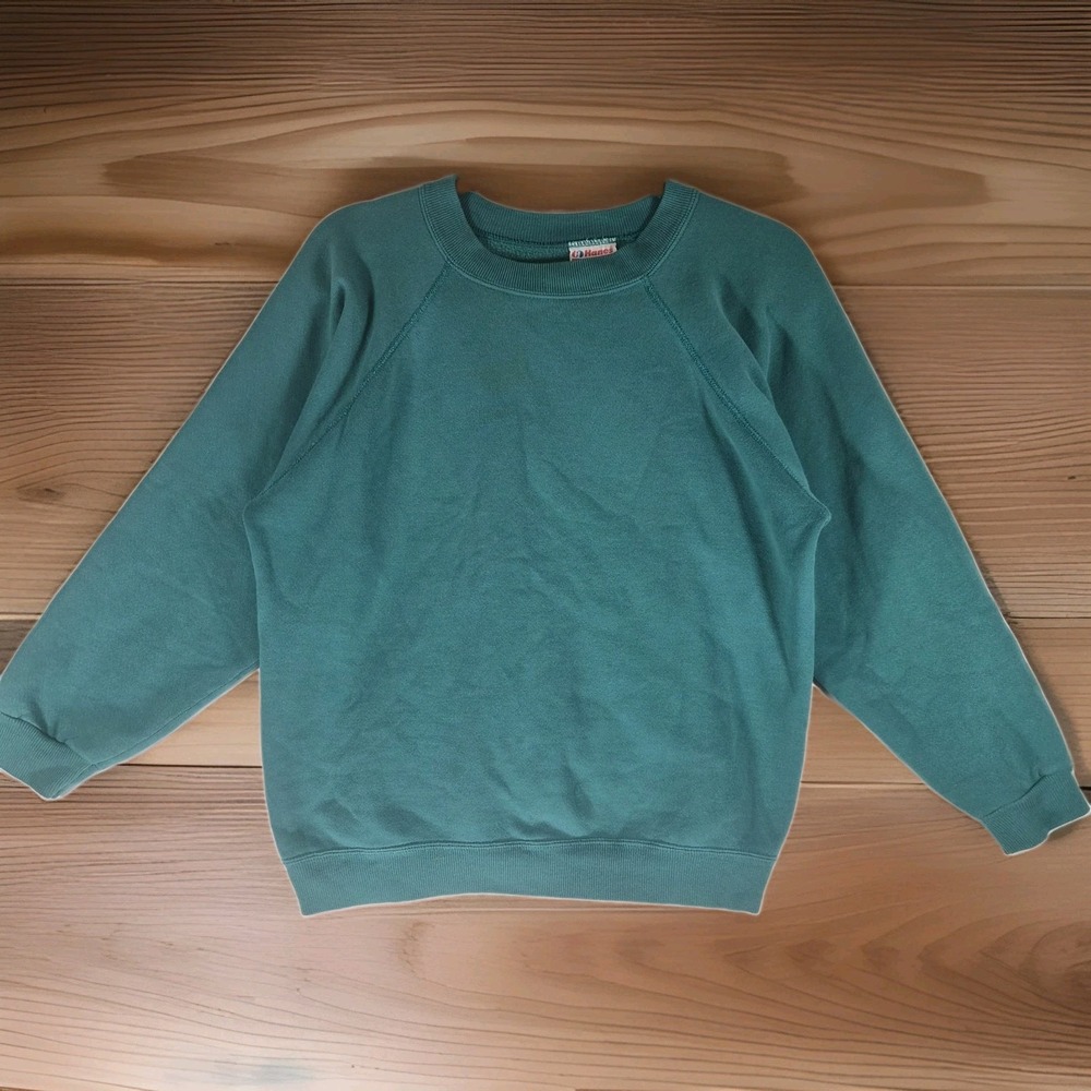 Vintage 90s Hanes Activewear USA Made Teal Blank Raglan Pullover Unisex L
